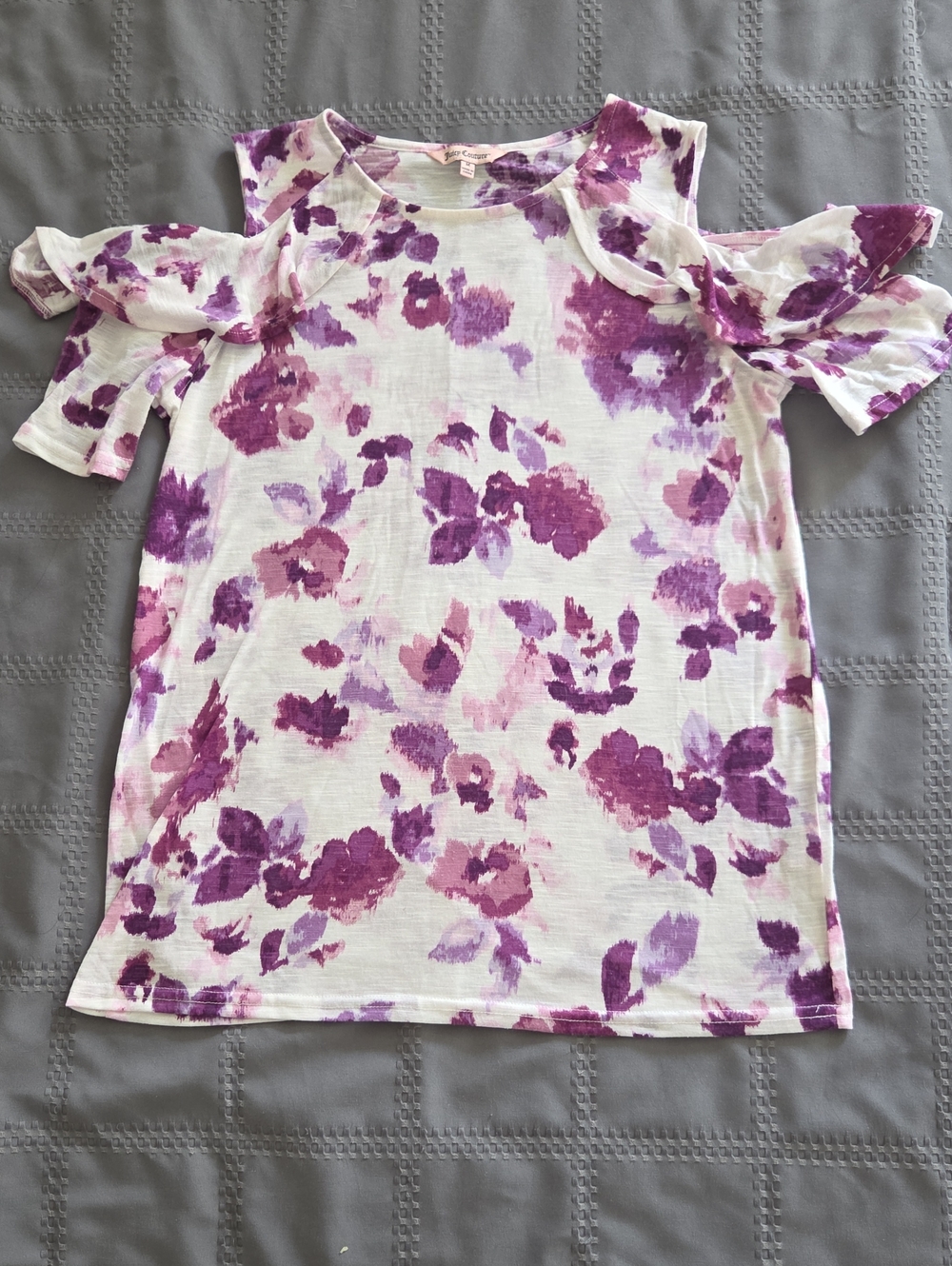 Juicy Couture White Top with Purple Floral Cold-Shoulder, sz M